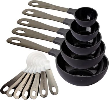 Measuring Cup Set and Measuring Spoon Set, Stainless Steel Handles, Nesting Kitchen Measuring Set, Liquid Measuring Cup Set, 12-Piece, Stainless Steel, Black/White