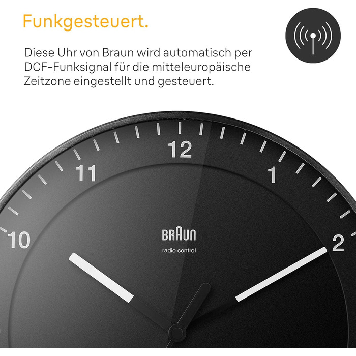 Braun Classic Large Radio Wall Clock, Central European Time Zone (CET/GMT+1) with quiet movement, easy-to-read dial, 30cm diameter, black model BC17B-DCF.