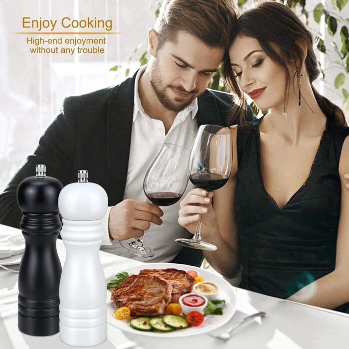 Набір з 2 дерев'яних мельниць для солі та перцю з регульованим млинком, великі, керамічні, ручні для морської солі, чилі, чорного та білого перцю