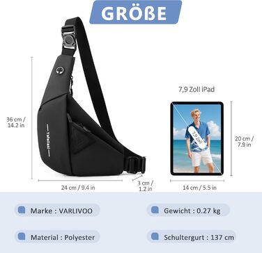Чоловіча нагрудна сумка VARLIVOO Brusttasche - чорний рюкзак-слінг для спорту, подорожей та активного відпочинку