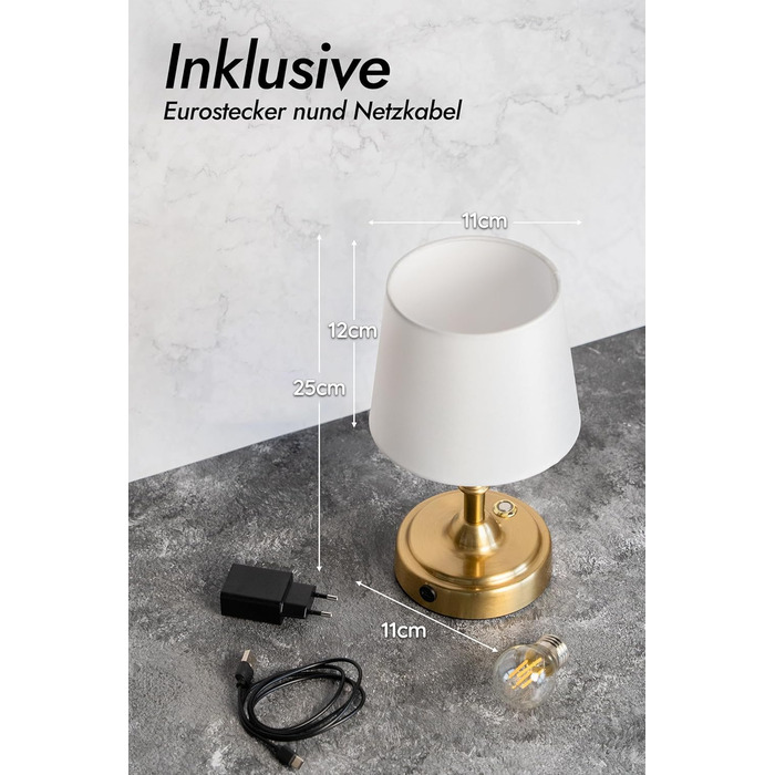 Бездротова настільна лампа з акумулятором 4000mAh, тепле світло 2700K, сенсорне управління, з адаптером/кабелем, для спальні, подарунок (золотиста)