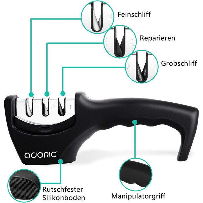 Точилка для ножів Adoric з 3 ступенями, вольфрамовий сталь, діамант, кераміка, чорна