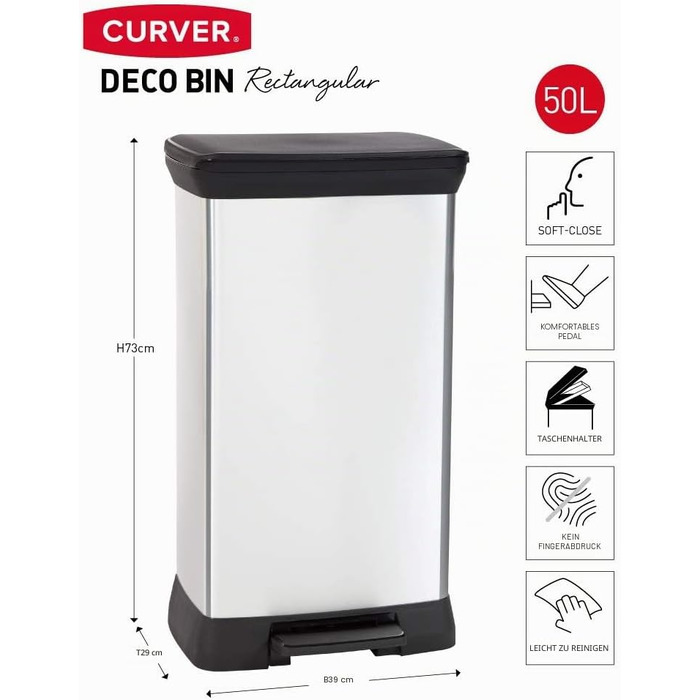 Сміттєвий кошик Curver Deco Bin Metallic's на 50 л з педаллю, пластиковий, сріблястий