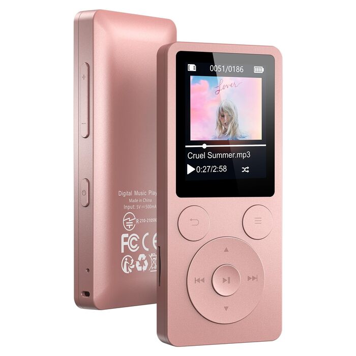 MP3 плеєр 32GB з Bluetooth 5.3 та вбудованим динаміком, FM-радіо, диктофон, HiFi-звук, розширювач пам'яті до 128GB, рожевий