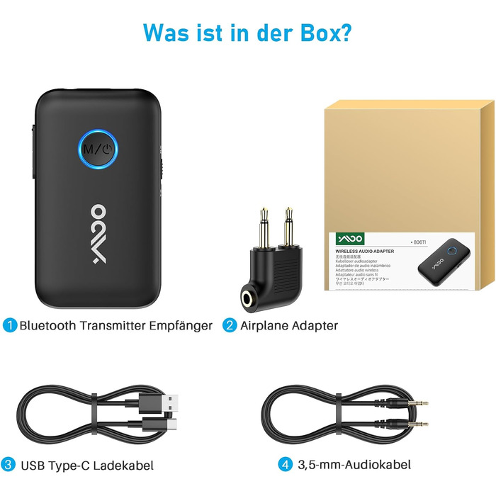 Bluetooth 5.3 адаптер YMOO 2-в-1 для ТБ та літака: ресивер та трансміттер з aptX Low Latency, роз'єм 3.5 мм, для навушників та колонок