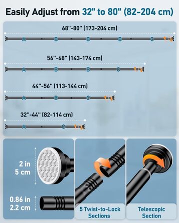 Штанга для душу Uniclife без свердління, 82–204 см, регульована, нержавіюча сталь, для ванної, вікна, шафи (чорна)