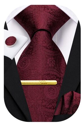 Набір краватки, нагрудного хустинки та краваткових затискачів Hi-Tie, золотий колір, темно-червоний візерунок павлина, для весілля та свят