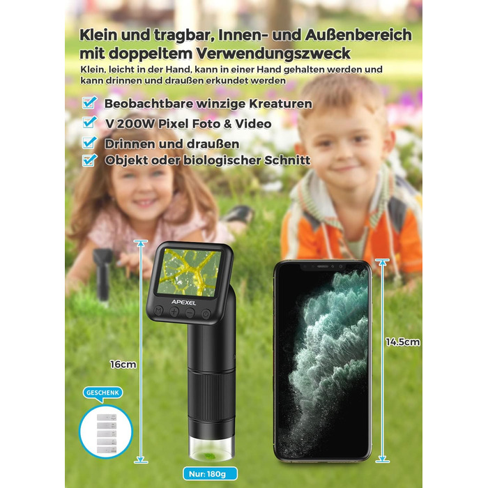 Дитяче ручне мікроскоп Apexel APL-MS008 з USB-камерою, 800x збільшення, з предметними скельцями