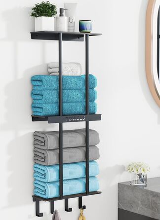 Чорний триярусний тримач для рушників з металевою полицею та 4 гачками, 86 см