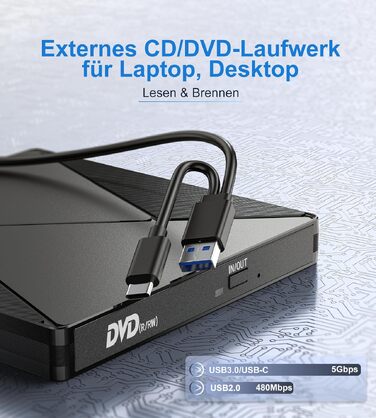 Зовнішній CD/DVD привід USB 3.0 та USB-C, оптичний накопичувач CD/DVD +/-RW ROM для ноутбука, ПК, MacBook, iMac (Windows, MacOS, Linux)