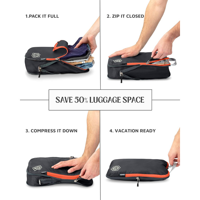 Набір органайзерів для подорожей Trippped Travel Gear, 7 шт., великі, компресійні, сірі/помаранчеві