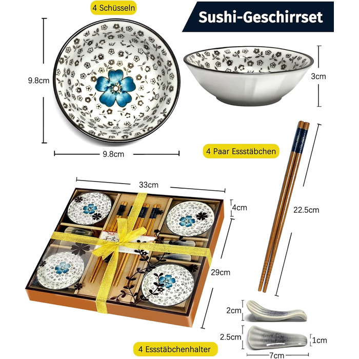 Набір для суші на 4 особи, 12 шт. з кераміки, круглий, з візерунком квітки сливи. Ідеальний подарунок на свята.