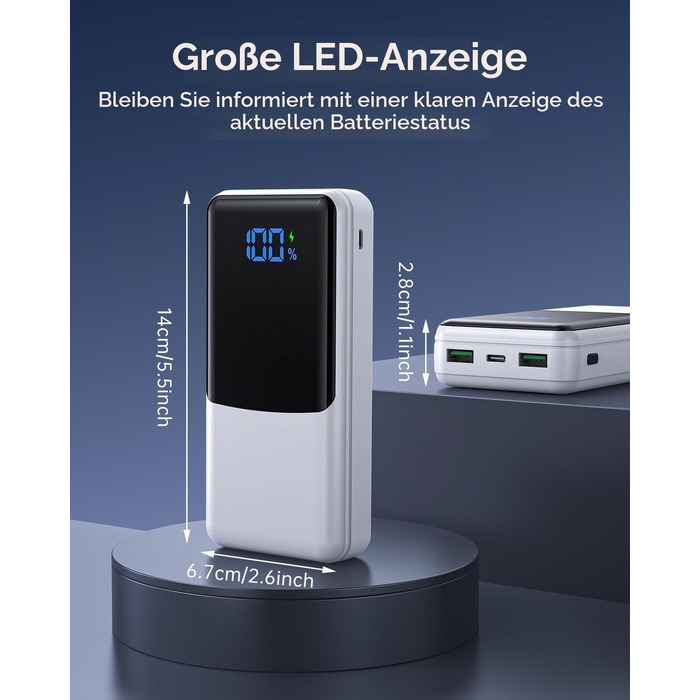Повербанк Power Bank 27000mAh з швидкою зарядкою USB-C PD 20W, зовнішній акумулятор для iPhone та Samsung з LED-дисплеєм, 2 входи та 3 виходи (Білий)