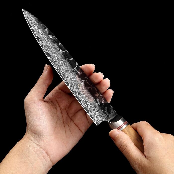 Ніж Santoku Wakoli Olive з дамаської сталі 17 см - професійний кухонний ніж з дамаської сталі 67 шарів з серцем VG10, ручка з оливкового дерева - для м'яса, риби та овочів, в дерев'яній коробці