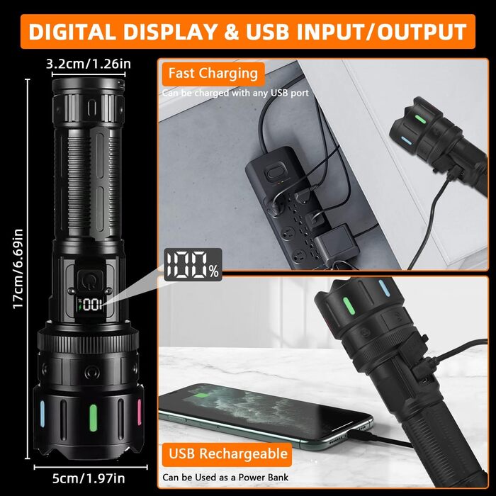 LED ліхтарик на акумуляторі, надзвичайно яскравий 1200000 люмен, з функцією зуму, тактичний, з 5 режимами світла, водонепроникний IP67, для кемпінгу, риболовлі, походів, активного відпочинку, чорний