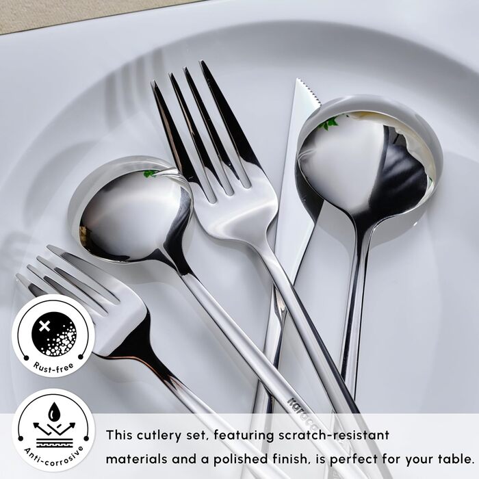 Karaca Orion Platinum 30-Piece Cutlery Set for 6 People, Stainless Steel, 6 Dinner Knives, 6 Soup Spoons, 6 Dinner Forks, 6 Dessert Forks, 6 Teaspoons, Modern Design