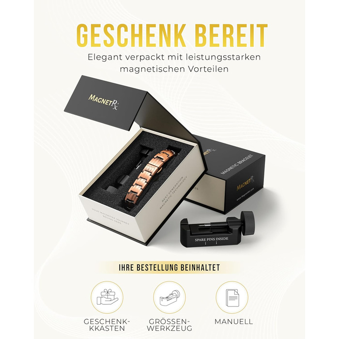 Браслет на руку чоловічий MagnetRX® з чистої міді – Магнітний браслет для чоловіків для магнітної терапії – Ідеально підходить при артриті та синдромі зап'ястного каналу – З інструментом для регулювання довжини (5 рівнів інтенсивності – EllipseMAX (5000 Г