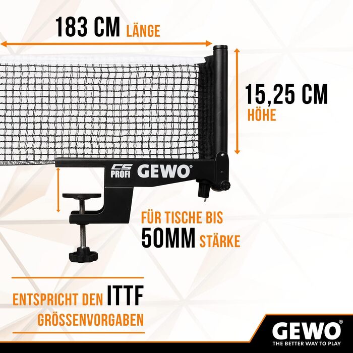 Сітка для настільного тенісу GEWO CS Profi - професійна, міцна, чорна, 183 см