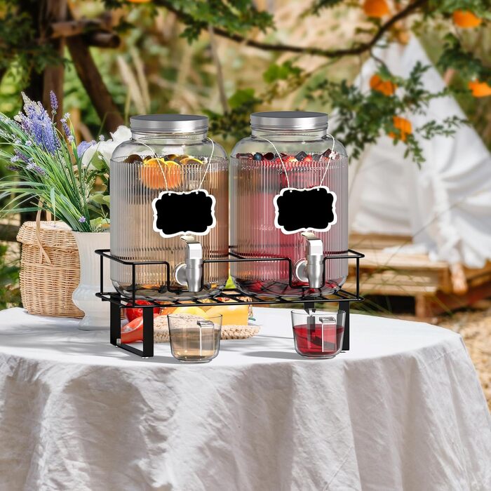 2 шт. скляні диспенсери для напоїв на 4 л з краном, металевий стійка та мірний стакан, для соку/коктейлів/трав'яного чаю, диспенсер для соку на вечірки та весілля