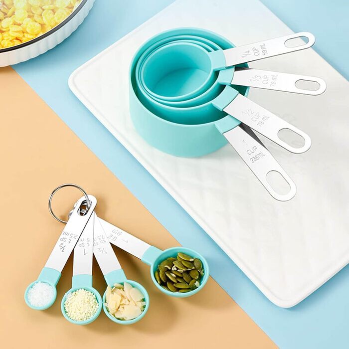 FLaig 8-Piece Plastic Measuring Cup and Spoon Set, Stackable Cups and Spoons, Nesting Measuring Cups with Stainless Steel Handles, Small Teaspoon Spoon