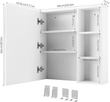 Bathroom cabinet with mirror, mirror cabinet for the bathroom wall-mounted with toothbrush holder and adjustable shelves, ventilation design, 65 x 15 x 65 cm, White