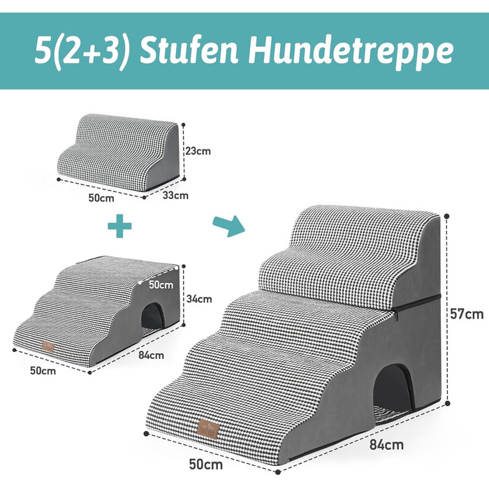 Dog stairs for small dogs, pet stairs for high beds made of high-density foam, dog stairs/ramp with washable cover (83x50x57cm-hole, 5.0) (Black and White)