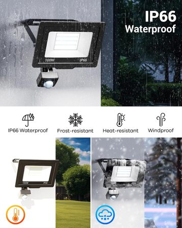 nipify LED прожектор із датчиком руху для вулиці, 2 шт, 30W 3000Лм, IP65, холодне світло 6500K, довгий кабель 100 см, для складу, саду, готелю, двору (100W)