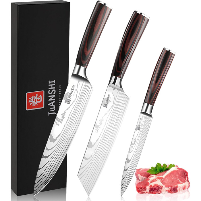 Набір кухонних ножів JUANSHI® 3 шт. з нержавіючої сталі: кухарський, кіріцуке та універсальний