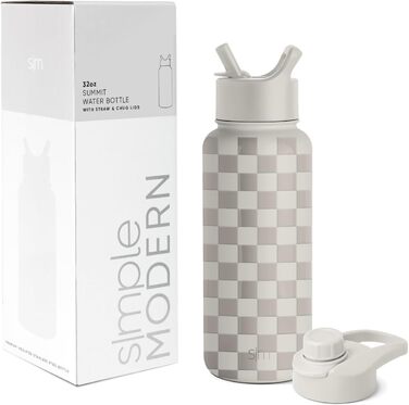 Simple Modern Trinkflasche mit Strohhalm und Chug-Deckel | Stainless Steel Insulated Water Bottle with Straw and Chug Lid for Sports Gym | Summit | 950ml | Checkmate