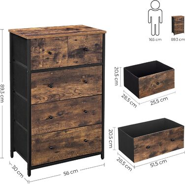 SONGMICS Chest of Drawers, Storage Cabinet, 5 Fabric Drawers, for Entryway, Living Room, White-Oak Finish LTS514W57 (Rustic Brown + Black)