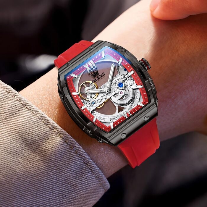 Чоловічий скелетонний годинник OLEVS автоматичний, розкішний годинник зі сталі з великим циферблатом, календарем та підсвіткою, водонепроникний (Колір: Червоний)