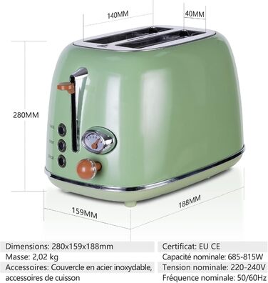 Wiltal Retro 2-Slice Toaster with 6 Adjustable Browning Levels, Stainless Steel with high-quality bread roll attachment. Warming, defrosting, and cancel function, countdown display, quick-toast technology (green)