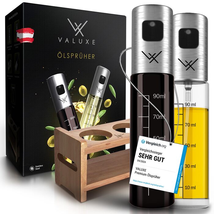 Розпилювач для олії та оцту VALUXE® з УФ-захистом, скляна пляшка з розпилювачем, нержавіюча сталь, чорний колір, 100 мл (набір 2 шт.)