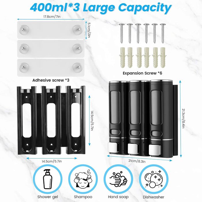 Дозатор для мила Qudubuy, 400 мл, 3 відсіки, настінний, для душу, шампуню, кондиціонера, без свердління, для ванної та кухні, велика місткість