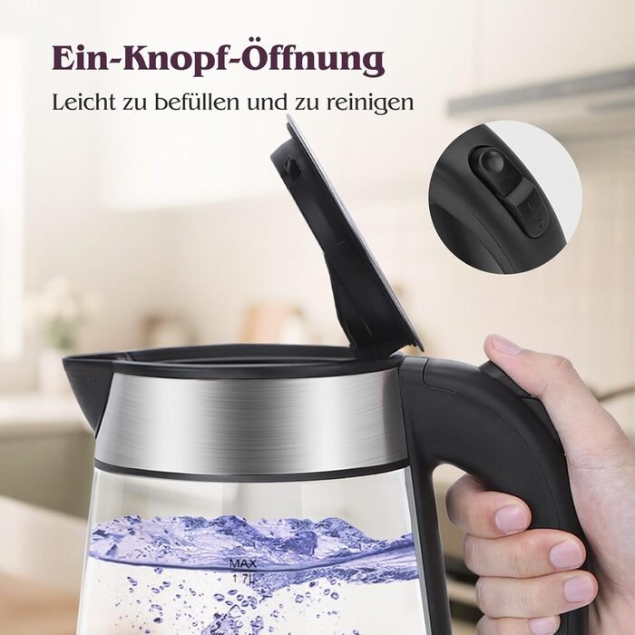 Електричний чайник Aigostar 1.7л, 2200W, LED, без BPA, скло Borosilikat, фільтр від накипу, чорний (Chubby)