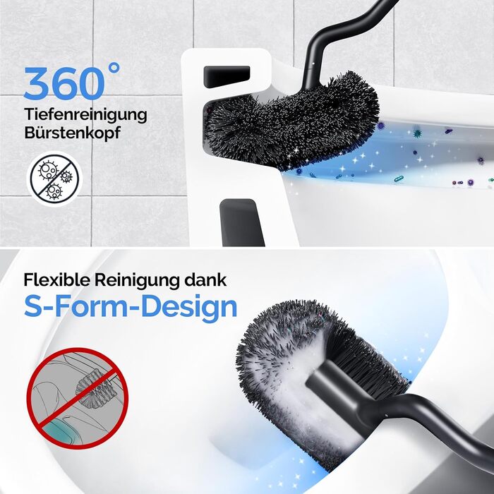 Набір для чищення унітазу HAMITOR з нержавіючої сталі: щітка для унітазу з кріпленням на стіну без свердління, для глибокого очищення під краєм, з швидковисихаючим підставкою, довга ручка, чорний, 1 шт.