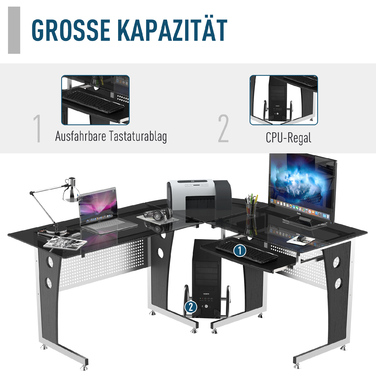 HOMCOM L-Shaped Corner Desk with Black Safety Glass 164x139x75 cm, stylish workspace for home office