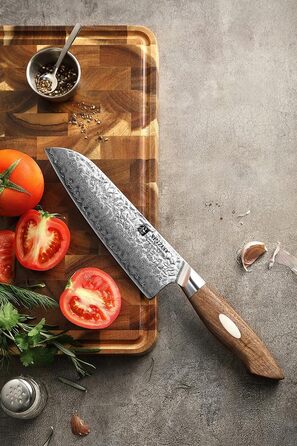 Японський кухонний ніж XINZUO Santoku з дамаської сталі (AUS-10) - професійний ніж шеф-кухаря з чорним дерев'яним руків'ям з горіха