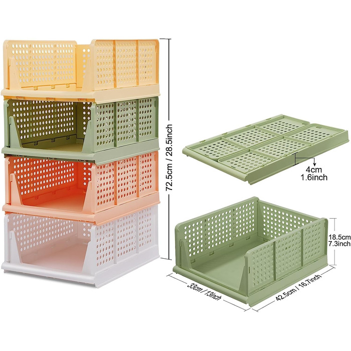 4 Pack Stackable Folding Closet Storage Box Organizer (Easy Open and Fold), Plastic Closet Shelves Storage Box Organizer, Bedroom, Kitchen (Multicolor)