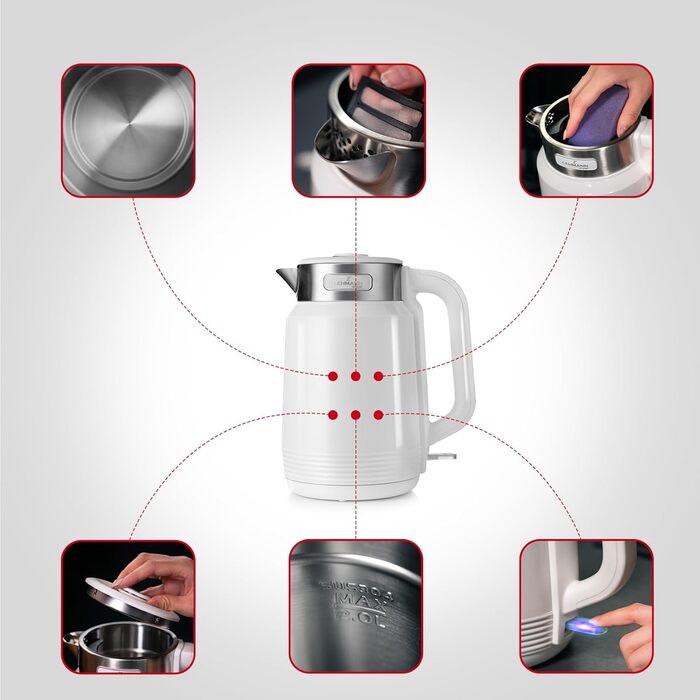 Електричний чайник LEHMANN з нержавіючої сталі 2L, 2200W, швидкий нагрів, подвійні стінки, автовимкнення та захист від перегріву, BPA-free, для великих сімей та офісів, білий