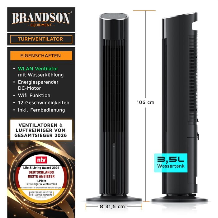Вентилятор вежа Brandson ECO GREEN з водяним охолодженням, WiFi, керуванням Alexa – мобільний кондиціонер, чорний матовий