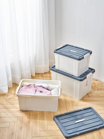 Cetomo Plastic Storage Box - Box with Durable Lid and Safety Closure, Stackable and Nestable, 3-Pack White (45L x 4)