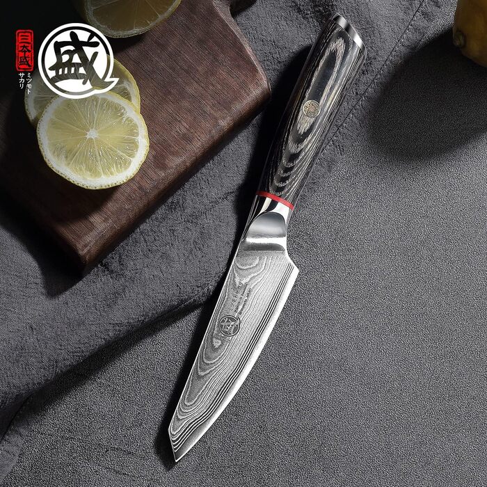 Ніж кухонний японський MITSUMOTO SAKARI AUS-10 Дамаск, 10 см для овочів, рукоять Пака, в дерев'яній подарунковій коробці