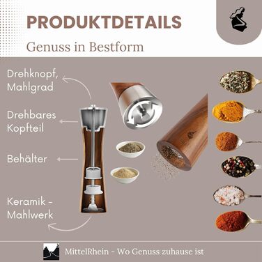 Мельниця для солі та перцю LORELEY® Mittelrhein Germany з дерев'яним корпусом та керамічним механізмом – з підставкою та пензлем – подарункова упаковка | Подарунок на весілля/новосілля (преміум нержавіюча сталь)