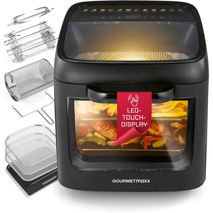 Фритюрниця повітряна GOURMETmaxx XXL з 2 камерами та сенсорним дисплеєм | 12.5 л об'єм | Фритюрниця без олії, 2 рівні