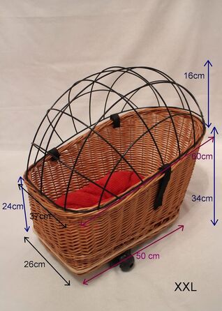 Корзина для велосипеда на багажник з плетеної лози з металевою сіткою та подушкою, XL або XXL. Без подушки - XXL