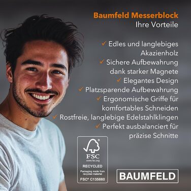 Baumfeld 6-Piece Knife Block Set - Premium Stainless Steel Kitchen Knives with Acacia Wood Magnetic Block - Professional Chef Knife Set
