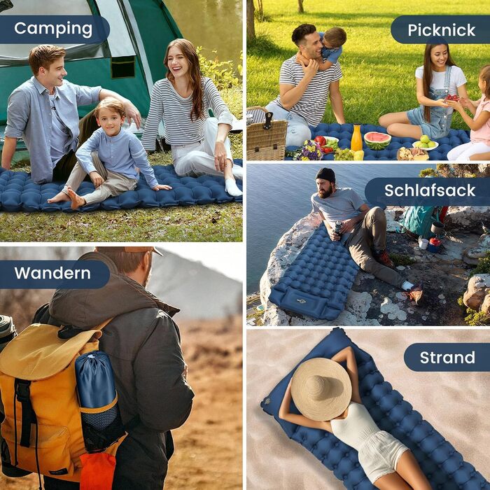 Надувний килимок для кемпінгу Tuocal Isomatte, 9 см, з вбудованим насосом, антиковзаюча поверхня, для відпочинку на природі, подорожей та наметів (блакитний)