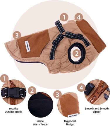 Dog coats with harness, winter warm jacket windproof pet clothing with pocket design snowsuit dog coats for small to medium dogs (M, Khaki)