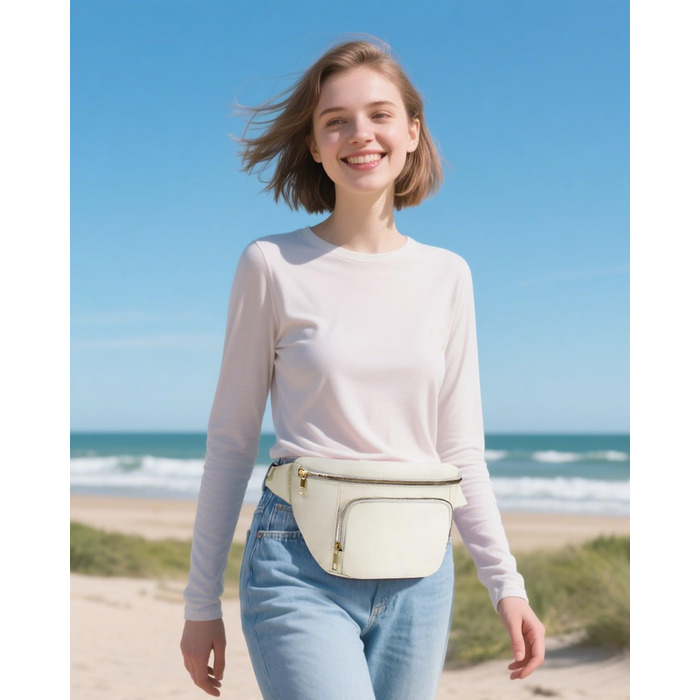 Сумка на пояс для жінок та чоловіків, стильна поясна сумка з 4 кишенями на блискавці та регульованим ремінцем, ідеальна для подорожей та піших прогулянок (Запатентовано), бежевий колір